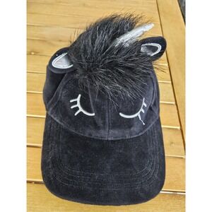 Unicorn Hat Silver Horn and Ears on Black Velour Cap Adjustable